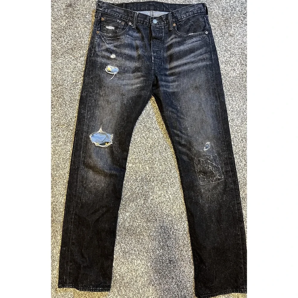 Levi's 501‎ Jeans Mens 32x32 Black Straight Leg Distressed Button Fly Denim